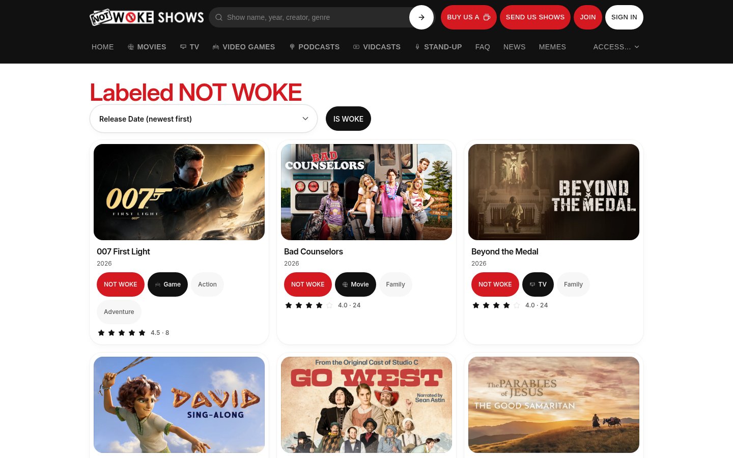 NOT WOKE SHOWS catalog view with filters, labels and ratings