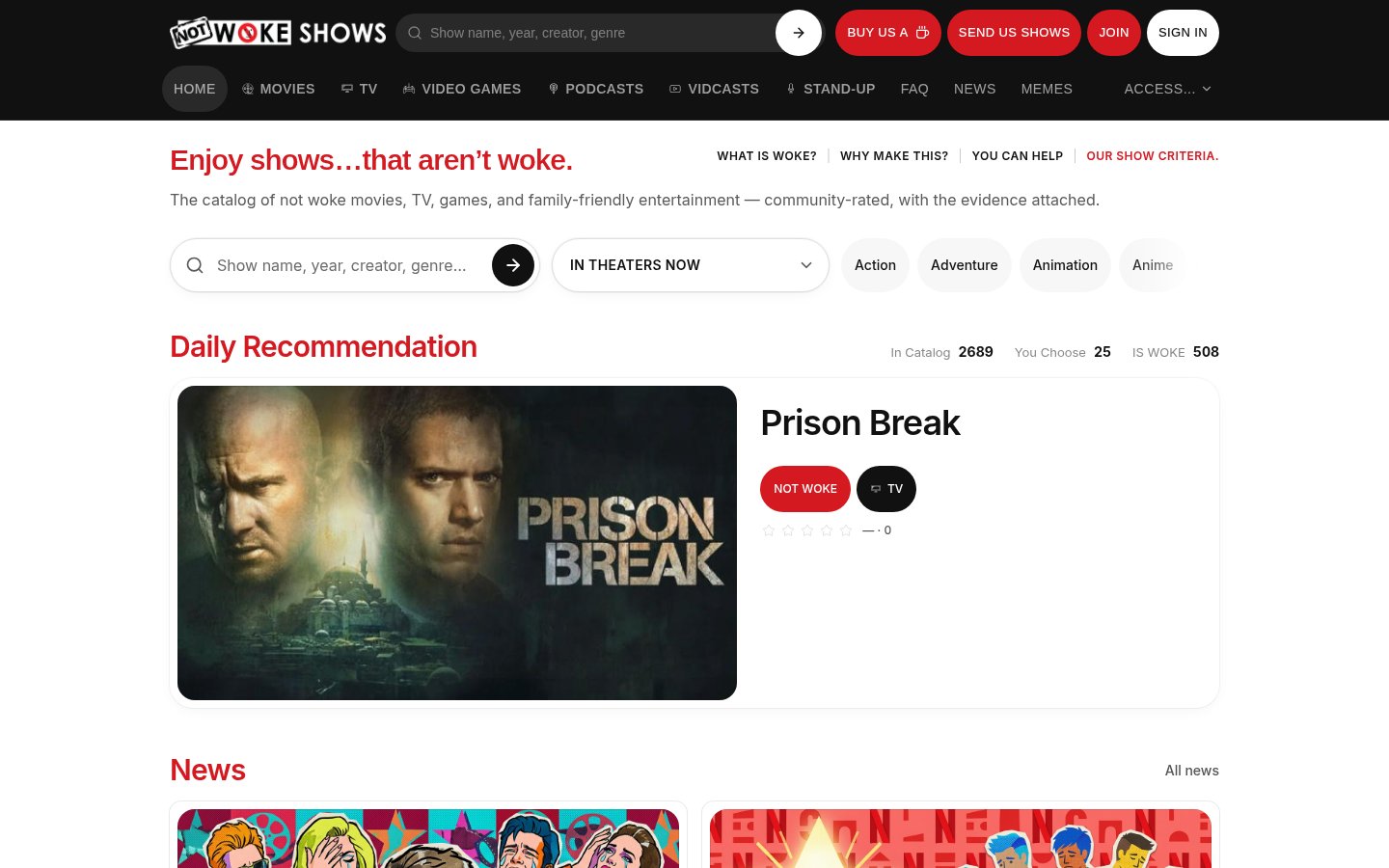 NOT WOKE SHOWS web app home screen, built by AD HAUS